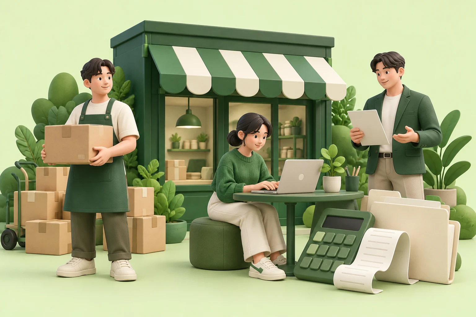 가게 운영, 상품 포장, 노트북 작업과 문서를 확인하는 사람들의 일러스트