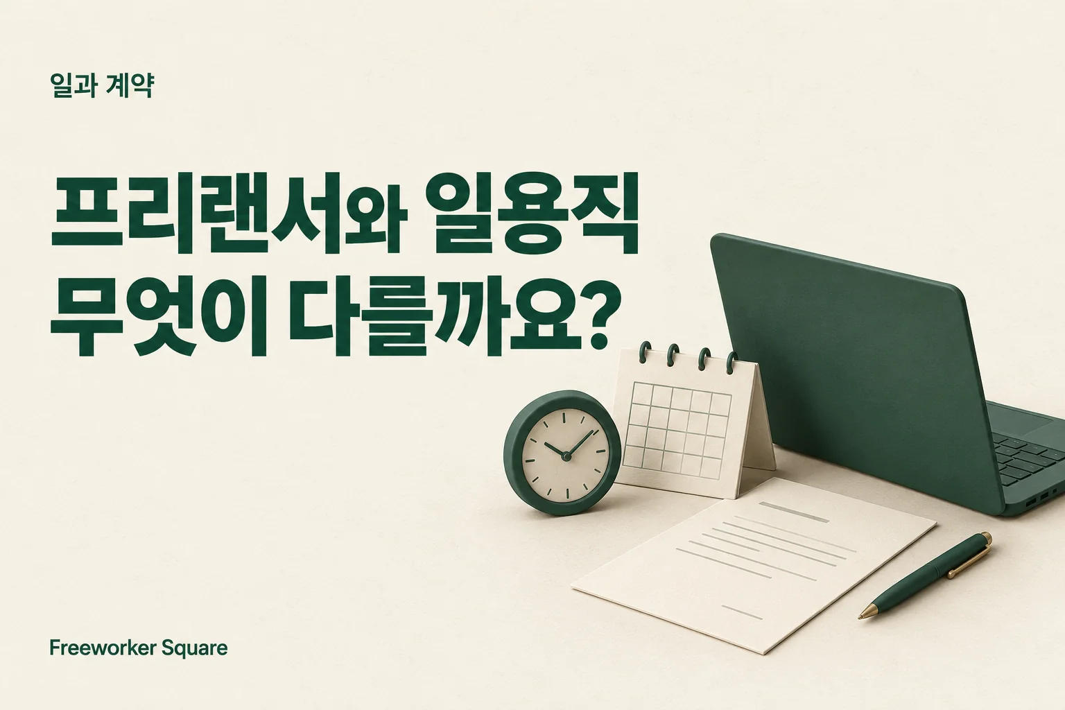 프리랜서와 일용직 비교: 노트북·계약서·달력과 시계