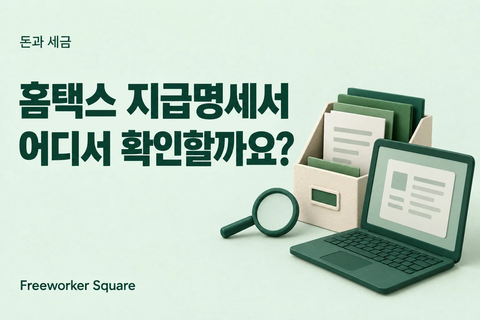 홈택스 지급명세서 확인: 서류 정리함·노트북·돋보기