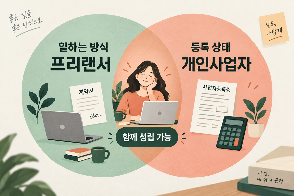 프리랜서라는 일하는 방식과 개인사업자라는 사업자등록 상태가 겹칠 수 있음을 보여주는 도식