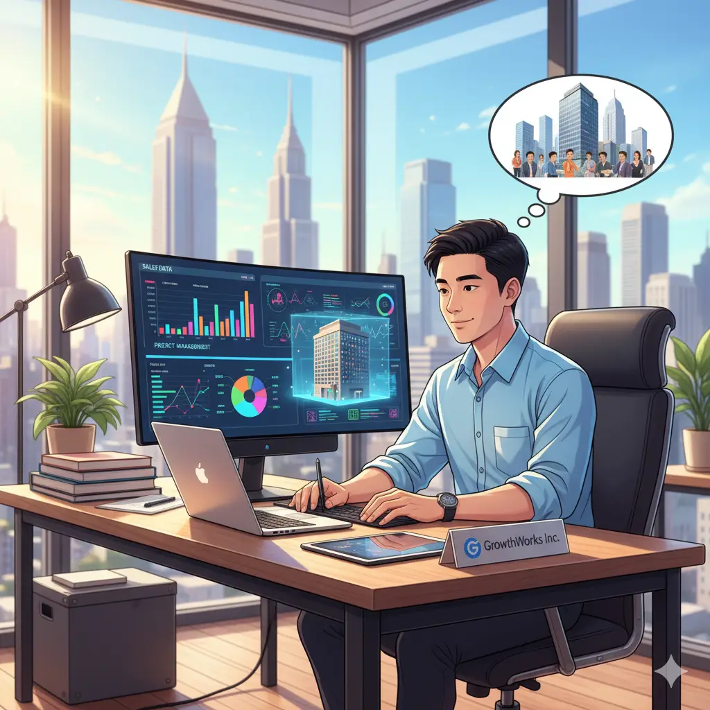 개인사업자로서 사무실에서 일하는 모습