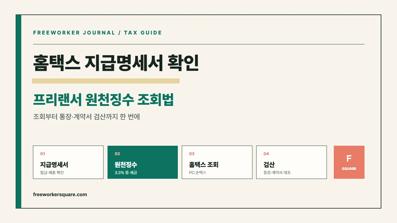 홈택스 지급명세서 확인, 프리랜서 원천징수 조회법 — 지급명세서·원천징수·홈택스 조회·검산 4단계를 다루는 표지 이미지